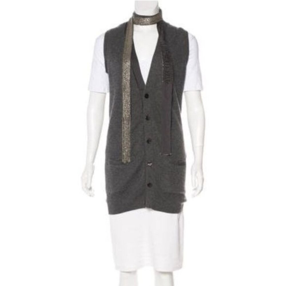 Robert Rodriguez Gray Cashmere Beaded Necktie Sleeveless Cardigan Sweater XSmall